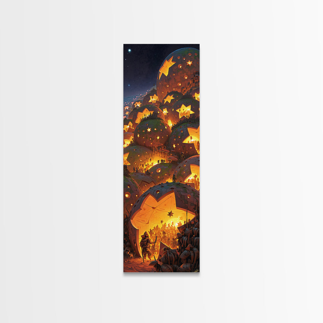 Glowing Star Lantern Village In Dreamy Mountains, Canvas Print, Wall Art, Cozy Night Decor, Magical Living Room Artwork Gift
