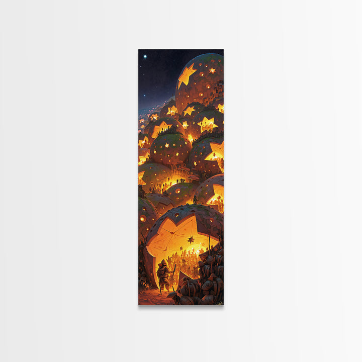 Glowing Star Lantern Village In Dreamy Mountains, Canvas Print, Wall Art, Cozy Night Decor, Magical Living Room Artwork Gift