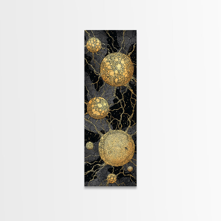 Cracked Golden Spheres With Marble Veins, Framed Canvas Print, Abstract Wall Art, Black And Gold Decor, Luxury Artwork For Home