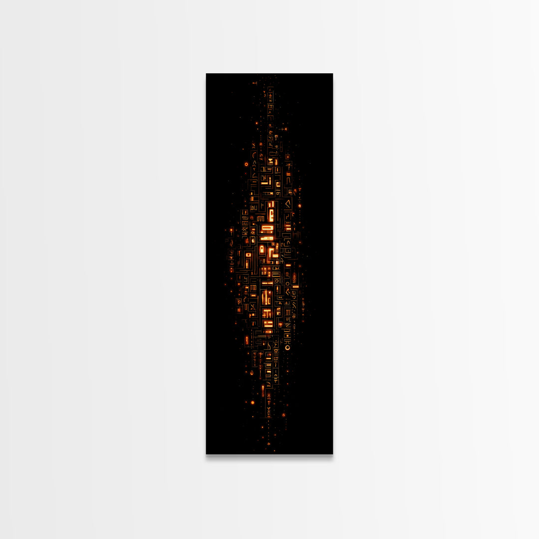 Glowing Futuristic Glyph Tower In Black Space, Canvas Print, Abstract Wall Art, Modern Office Decor, Unique Home Decor Gift