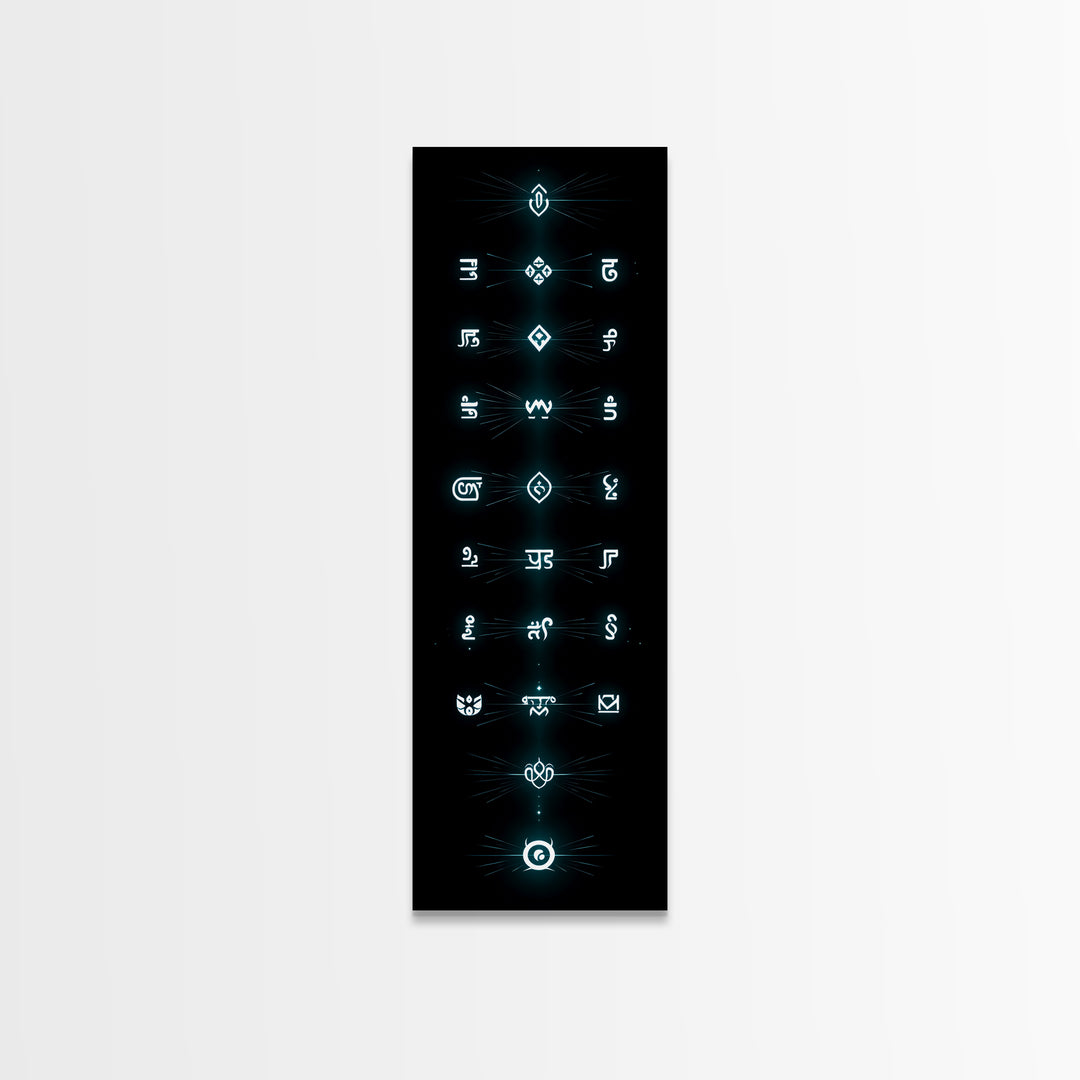 Glowing Cyan Mystic Glyphs Wall Art, Afrocentric Abstract Symbols, Spiritual Minimalist Black Decor, Modern Tribal Canvas Print