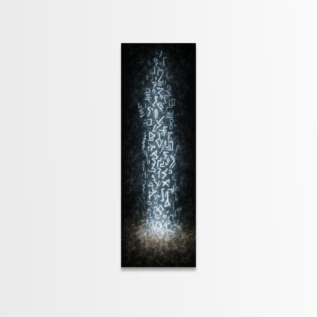 Ancient White Glyph Column Wall Art, Abstract African Tribal Art Print, Spiritual Black Decor, Ethnic Modern Canvas Print