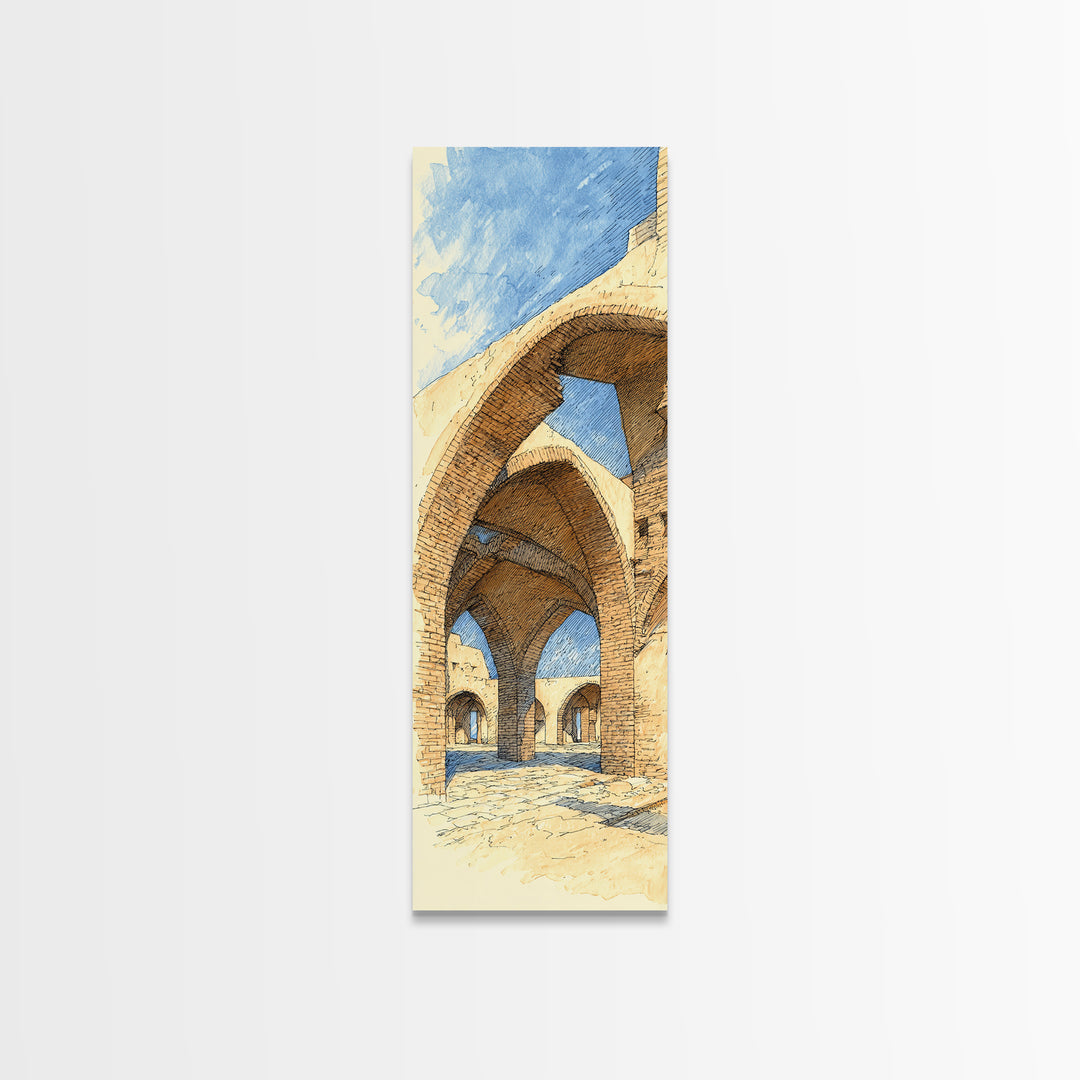 Sunlit Stone Arches Canvas Print, Morocco Africa Architecture Wall Art, Blue Beige Travel Decor, Bohemian Home Art For Living Rooms
