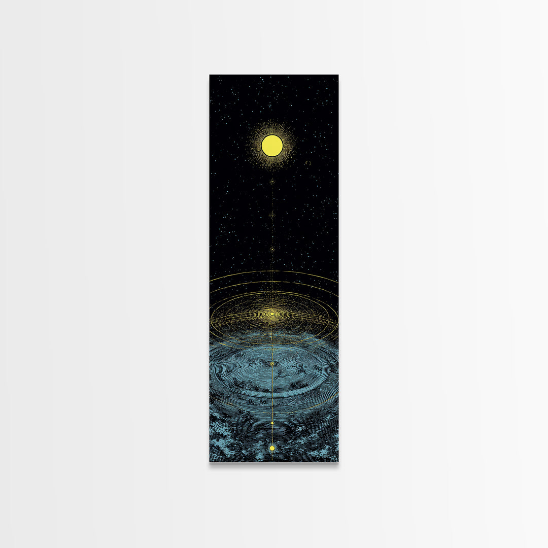 Golden Moon Over Cosmic Water Wall Art, Spiritual Celestial Abstract, Meditation Room Decor, Modern Black Canvas Print Gift