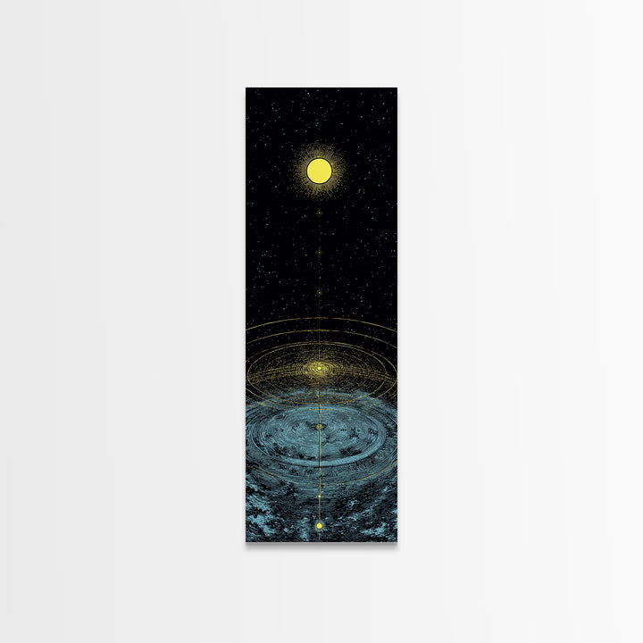 Golden Moon Over Cosmic Water Wall Art, Spiritual Celestial Abstract, Meditation Room Decor, Modern Black Canvas Print Gift