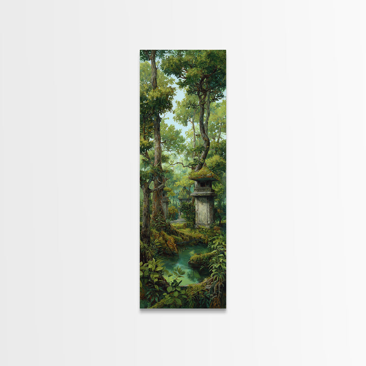 Ancient Jungle Shrine And Emerald Stream Wall Art, Mystical Forest Landscape, Nature Scene, Green Botanical Home Decor Print