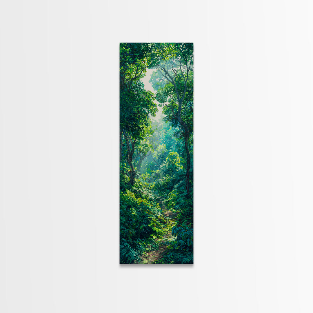 Sunlit Rainforest Path With Lush Green Leaves Framed Canvas Print, Jungle Decor, Nature Scene, Dreamy Wall Art Gift For Living Room