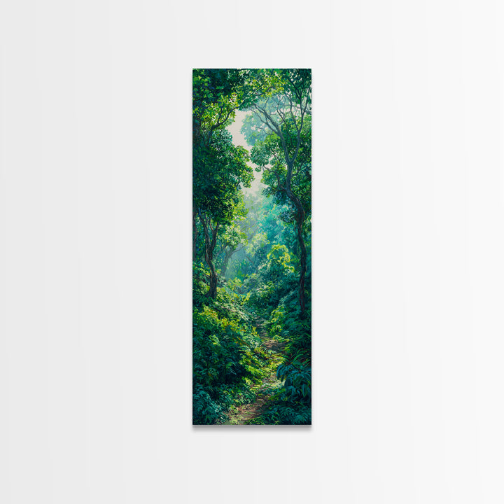 Sunlit Rainforest Path With Lush Green Leaves Framed Canvas Print, Jungle Decor, Nature Scene, Dreamy Wall Art Gift For Living Room