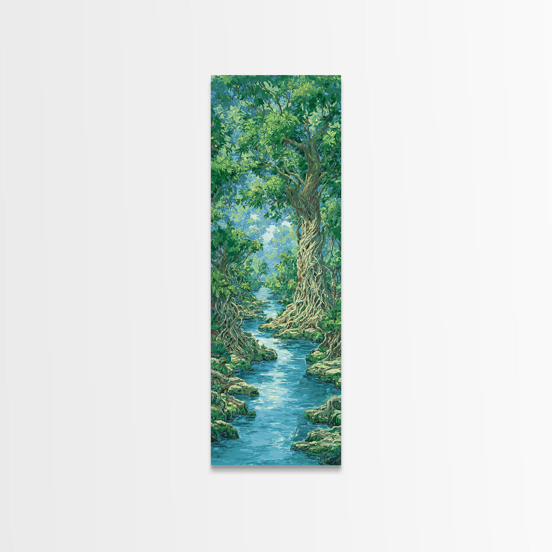 Ancient Tree River Path Through Emerald Forest Wall Art, Nature Scene, Green Landscape, Dreamy Jungle Decor For Home Print