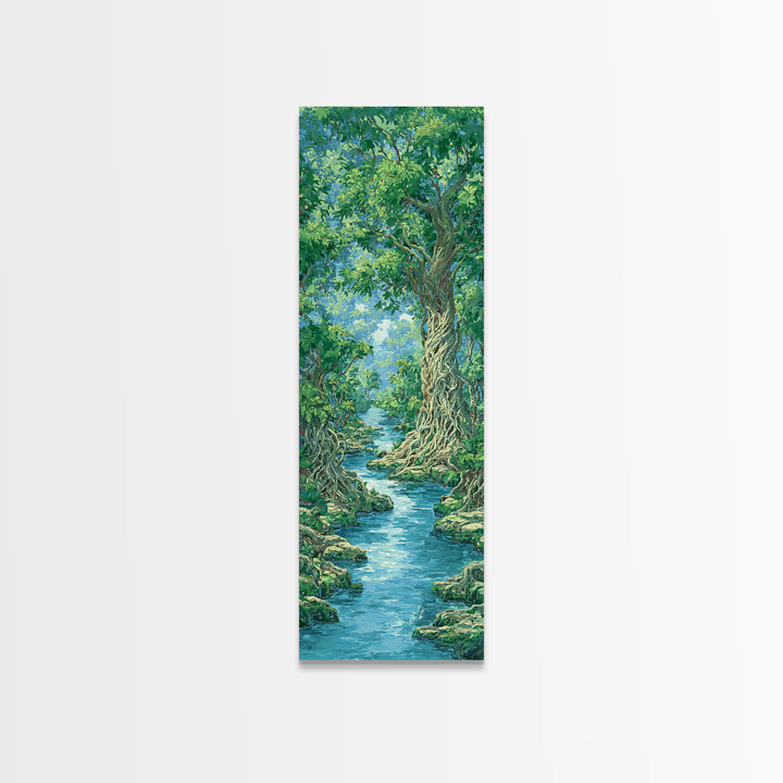 Ancient Tree River Path Through Emerald Forest Wall Art, Nature Scene, Green Landscape, Dreamy Jungle Decor For Home Print