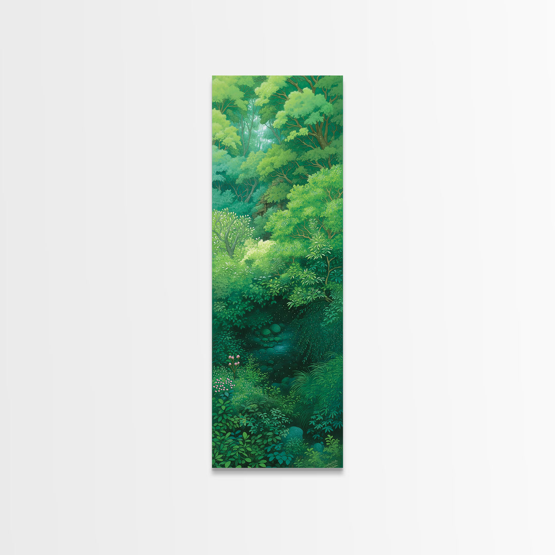 Verdant Hidden Creek And Soft Green Canopy Framed Canvas Print, Botanical Wall Art, Nature Scene, Calming Forest Decor Gift