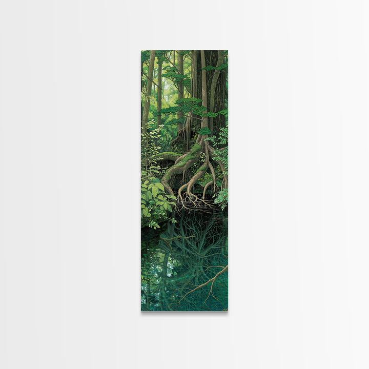 Cypress Roots Reflected In Dark Forest Water Canvas Print, Swamp Landscape Wall Art, Nature Scene, Rustic Green Decor Gift