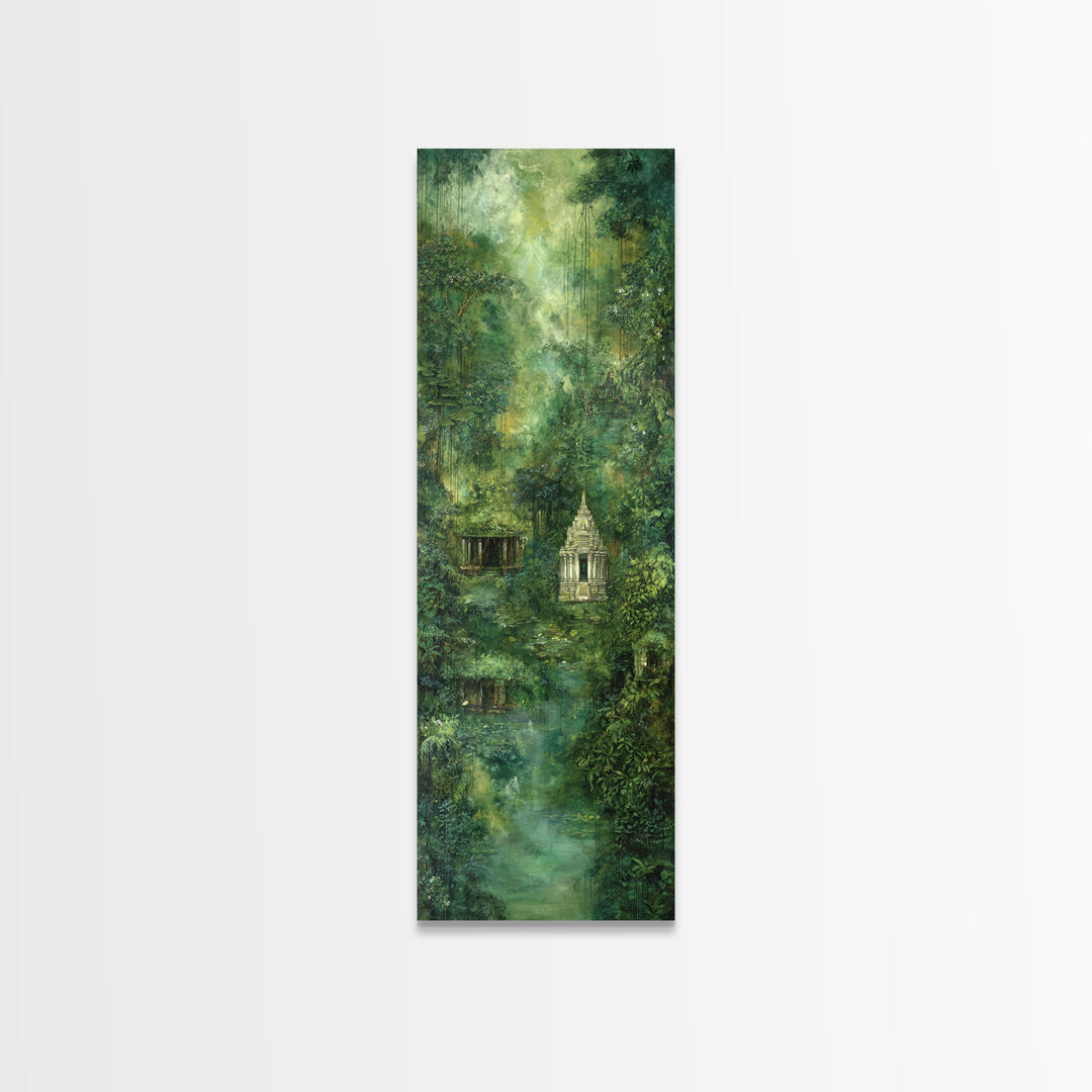 Misty Rainforest Temple With Hanging Vines Wall Art, Ancient Jungle Shrine, Spiritual Nature Scene, Green Home Decor Print