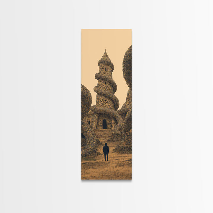 Surreal Sand Castle Tower With Lone Traveler Wall Art, Fantasy Architecture Print, Earth Tone Decor, Statement Piece Gift