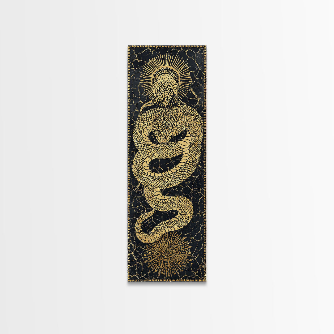 Golden Serpent Sun Mosaic On Black Canvas Print, Spiritual Wall Art, Mystical Snake Decor, Bold Statement Gift For Home Decor