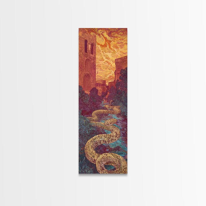 Golden Serpent Through Cathedral Garden Wall Art, Mystical Landscape Decor, Fantasy City Large Canvas Artwork For Home Gift
