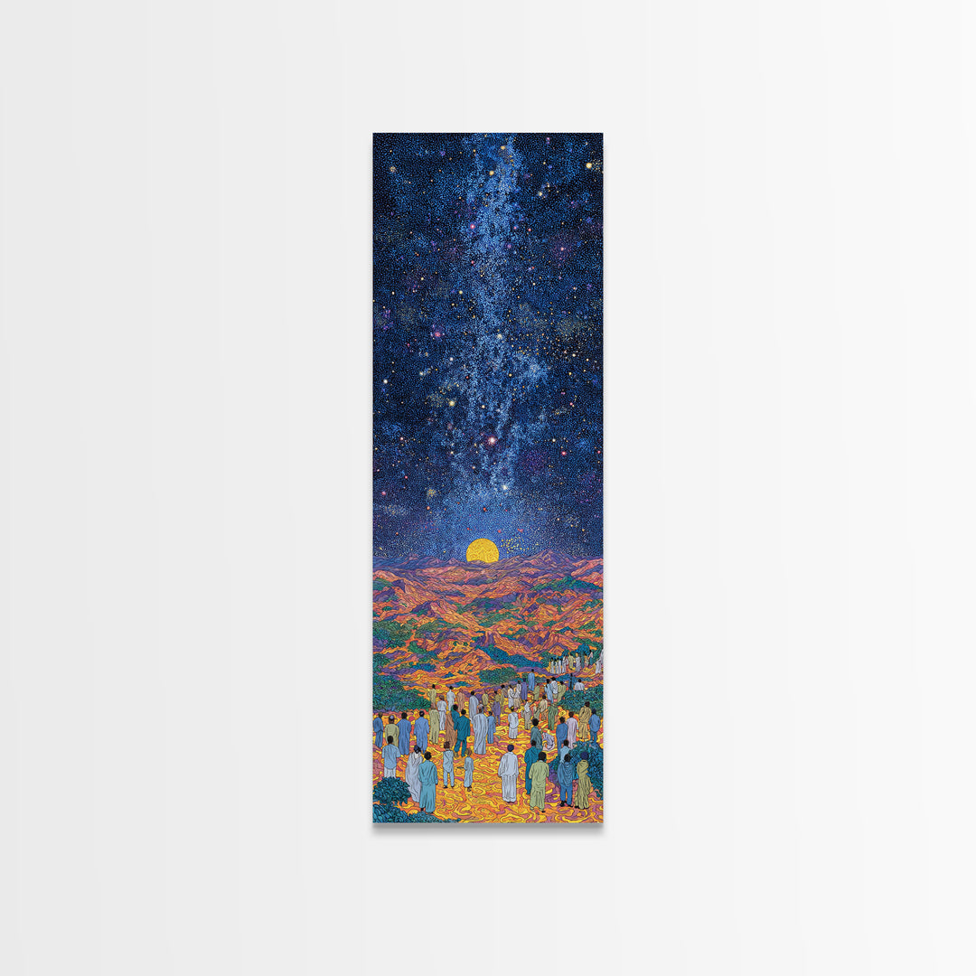 Starry Desert Pilgrimage With Rising Sun Wall Art, African Landscape Print, Celestial Night Decor, Cultural Home Gift, Bedroom Statement