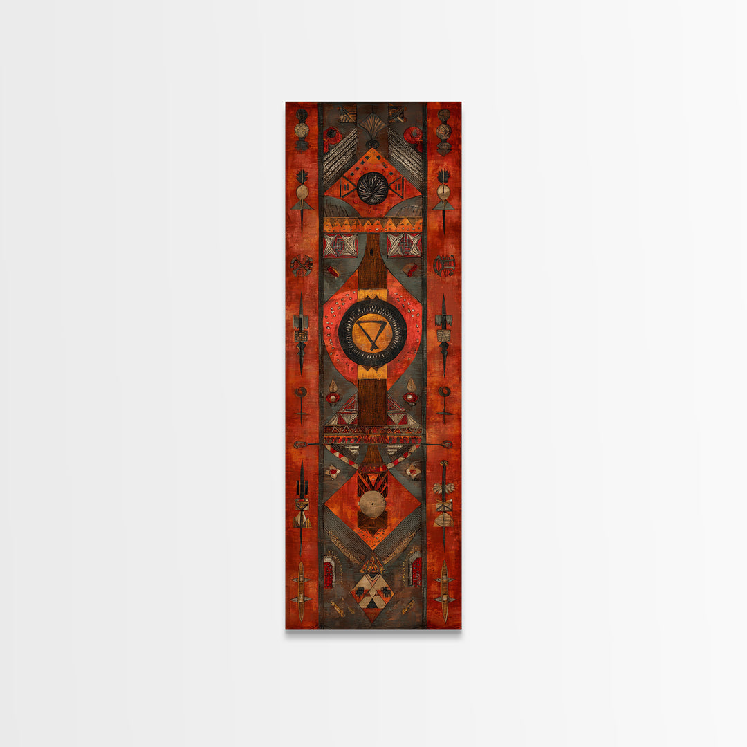 Red Geometric African Tribal Wall Art, Symbolic Pattern Canvas Print, Ethnic Cultural Decor, Bold Statement Home Decor Gift