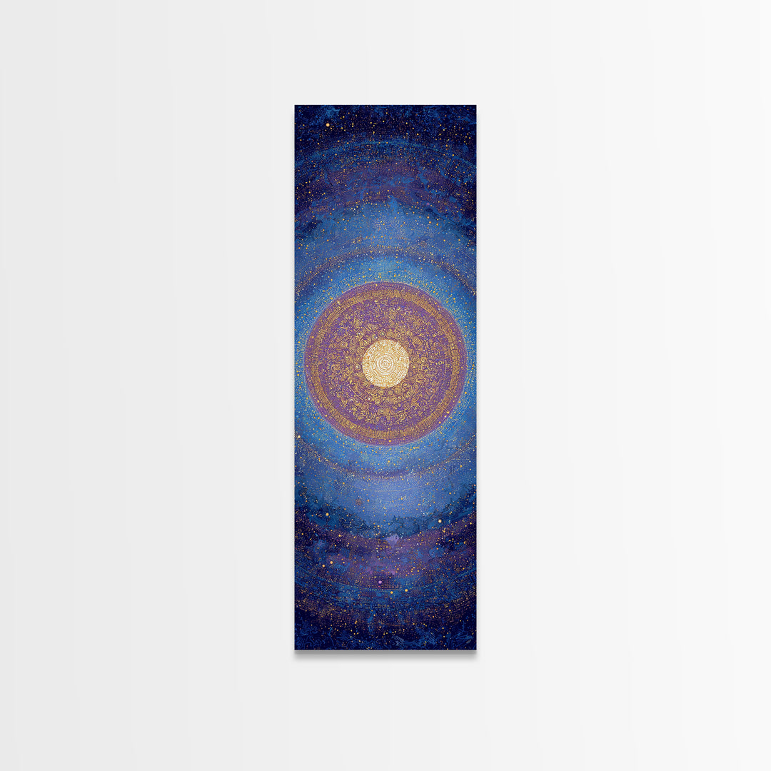 Blue Gold Cosmic Spiral Mandala Canvas Print, Abstract African Inspired Wall Decor, Spiritual Galaxy Art For Meditation Room