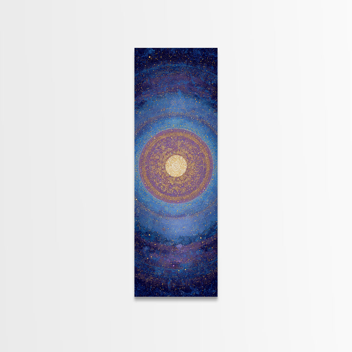 Blue Gold Cosmic Spiral Mandala Canvas Print, Abstract African Inspired Wall Decor, Spiritual Galaxy Art For Meditation Room
