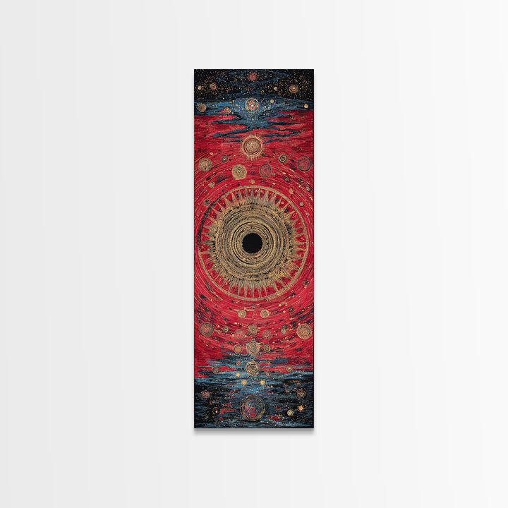Red Gold Celestial Vortex Mandala Canvas Print, Abstract African Inspired Wall Art, Mystical Boho Decor For Spiritual Room