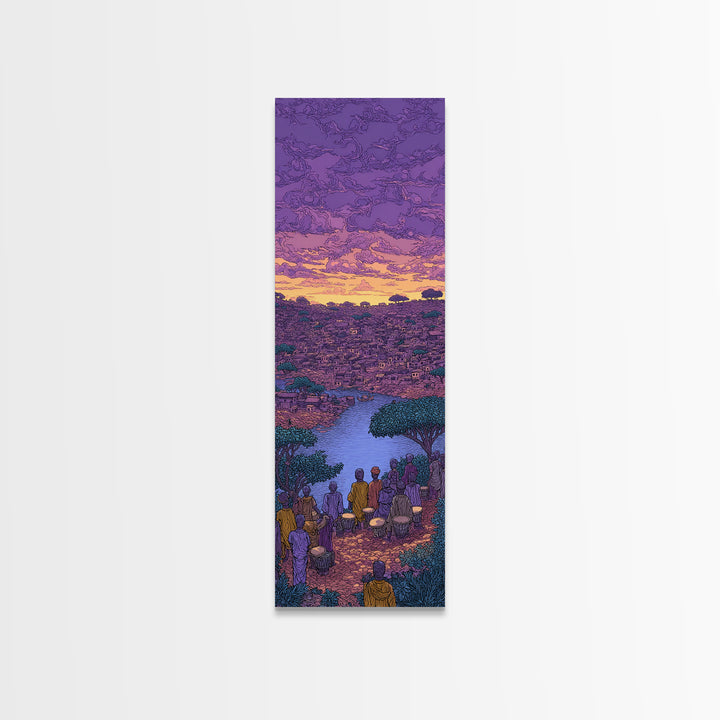 Purple African River City Sunset Wall Art, African Landscape Painting Print, Cultural Home Decor Canvas For Living Room Gift