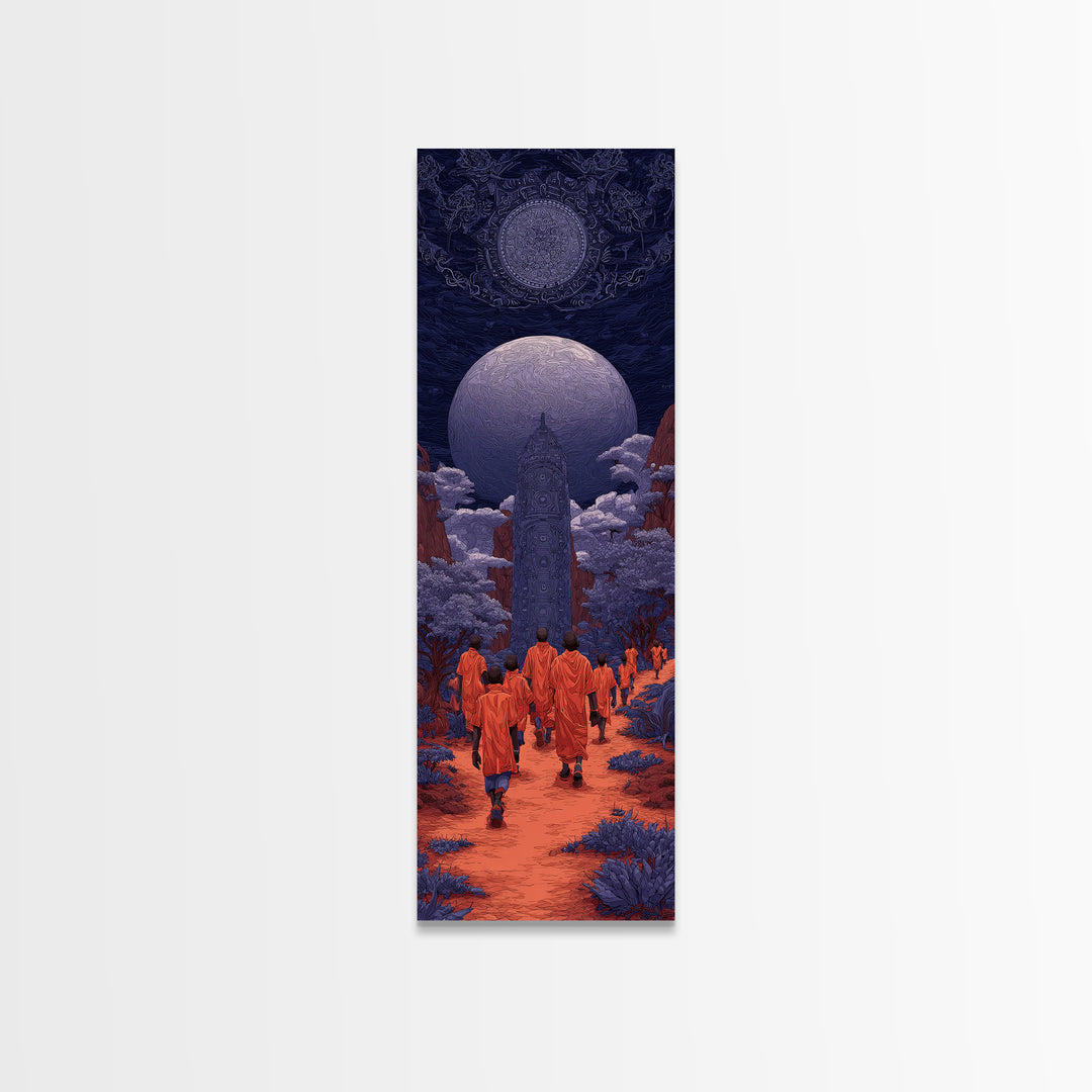 Orange Robed Pilgrims Beneath Twin Moons, African Wall Art, Afrocentric Decor, Mystical Landscape, Cultural Home Decor Gift