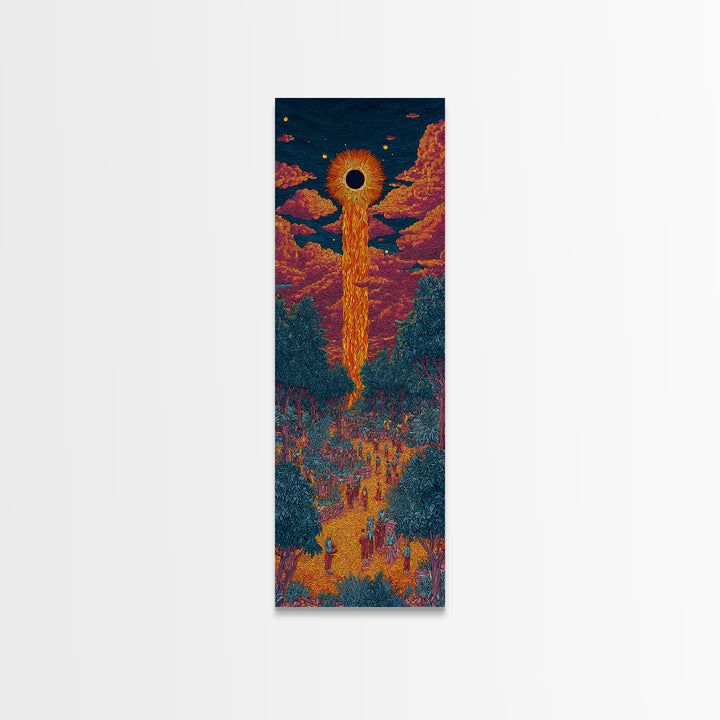 Solar Eclipse Portal Over Neon Forest, Framed Canvas Print, Mystical Wall Art, Afrocentric Decor, Vibrant Statement Piece