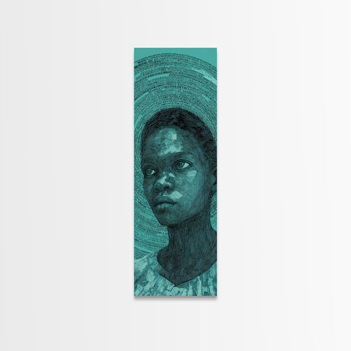 Teal Black Child Portrait With Halo Lines, Wall Art, Black Girl Art, Afrocentric Decor, Feminine Home Decor Gift For Her
