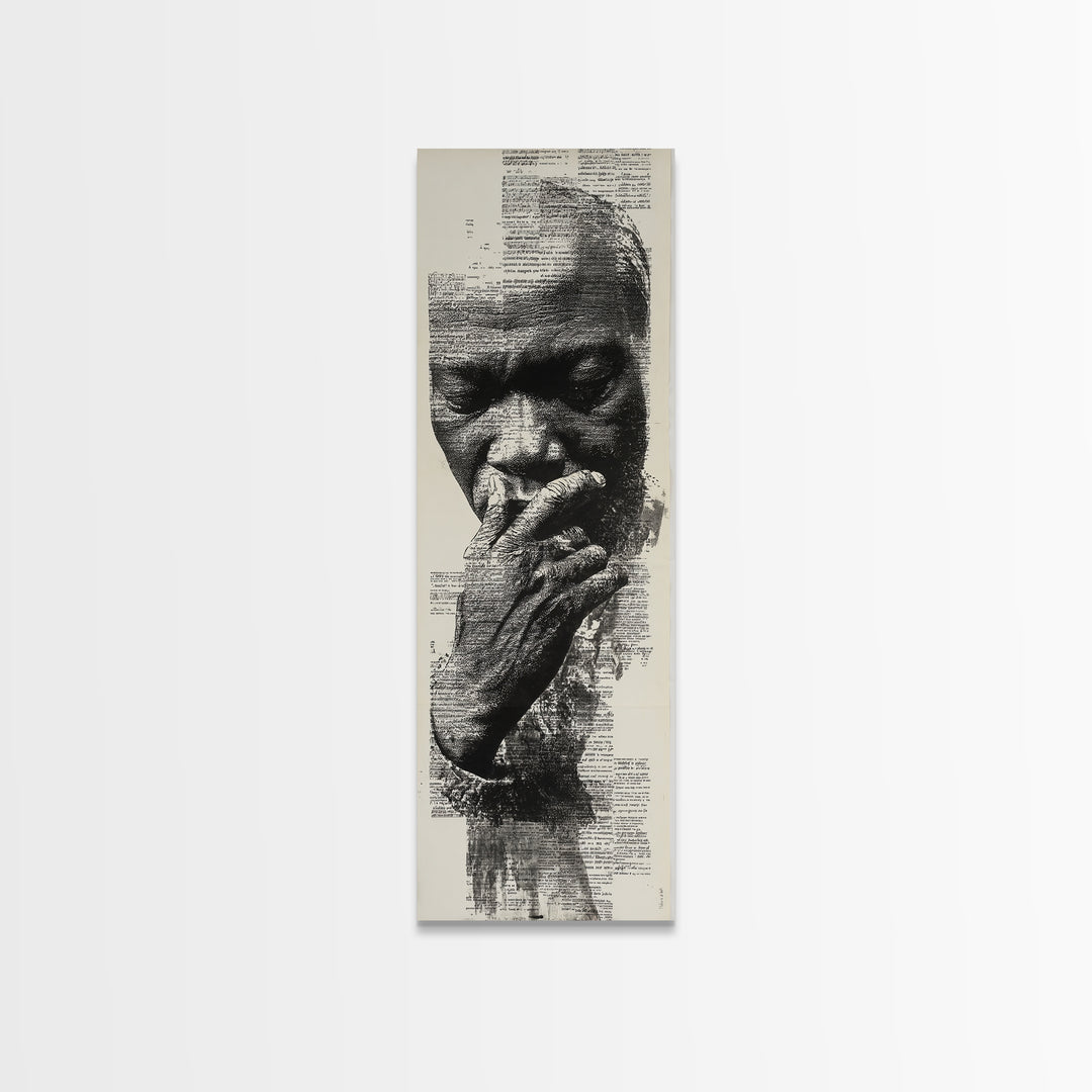 Contemplative Black Man Portrait In Text, Framed Canvas Print, Black Wall Art, Afrocentric Decor, Thoughtful Gift For Him