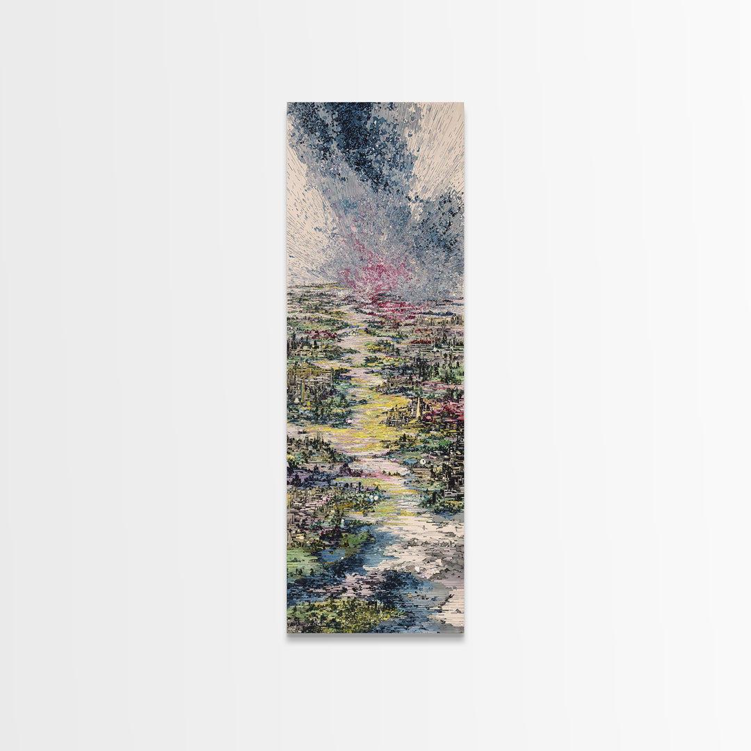 Stormy River City Landscape Wall Art, African Inspired Painting, Dreamy Nature Scene Art, Modern Living Room Canvas Decor