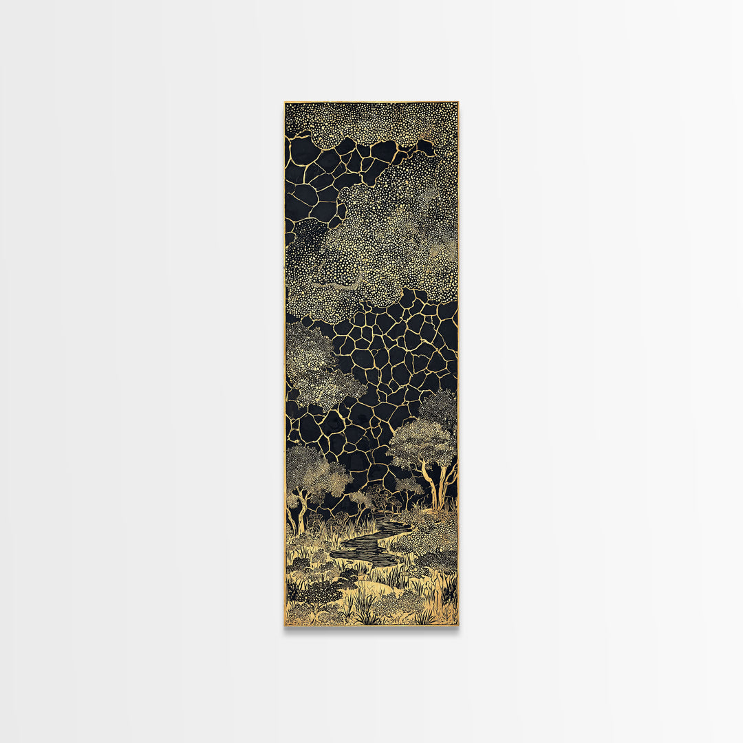 Gold Acacia Trees In Cracked Night Landscape Canvas Print, African Wall Art, Black And Gold Tribal Decor, Luxury Home Accent