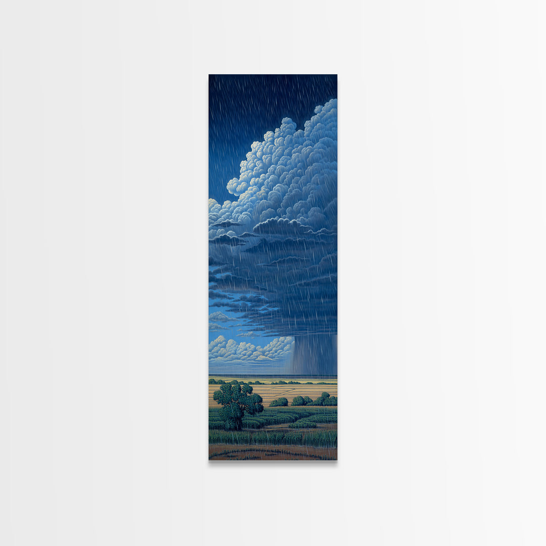 Blue Rainstorm Over African Plains Framed Canvas Print, Dramatic Cloud Wall Art, Nature Scene Decor, Unique Landscape Gift