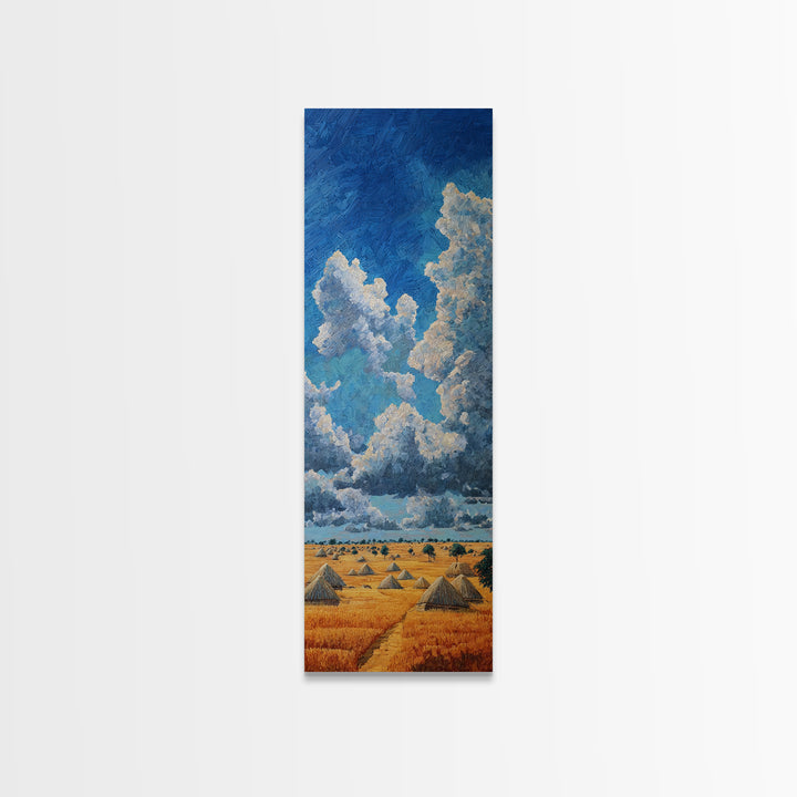 Golden Savanna Huts Under Towering Blue Clouds Canvas Print, African Landscape Wall Decor, Safari Art For Living Room Decor Gift