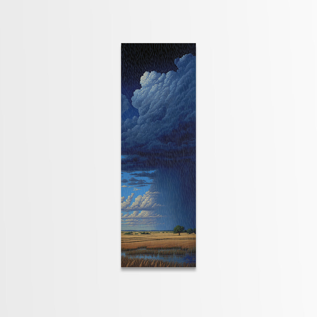 Night Rainstorm Over Wide Golden Plains Wall Art, African Landscape Print, Moody Storm Decor, Blue Safari Canvas Gift For Home