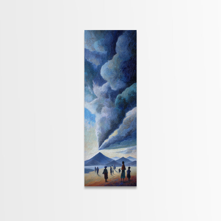 Figures Facing A Whirling Cloud Plume Canvas Print, African Landscape Wall Art, Volcano Sky, Mystical Safari Decor Gift For Home