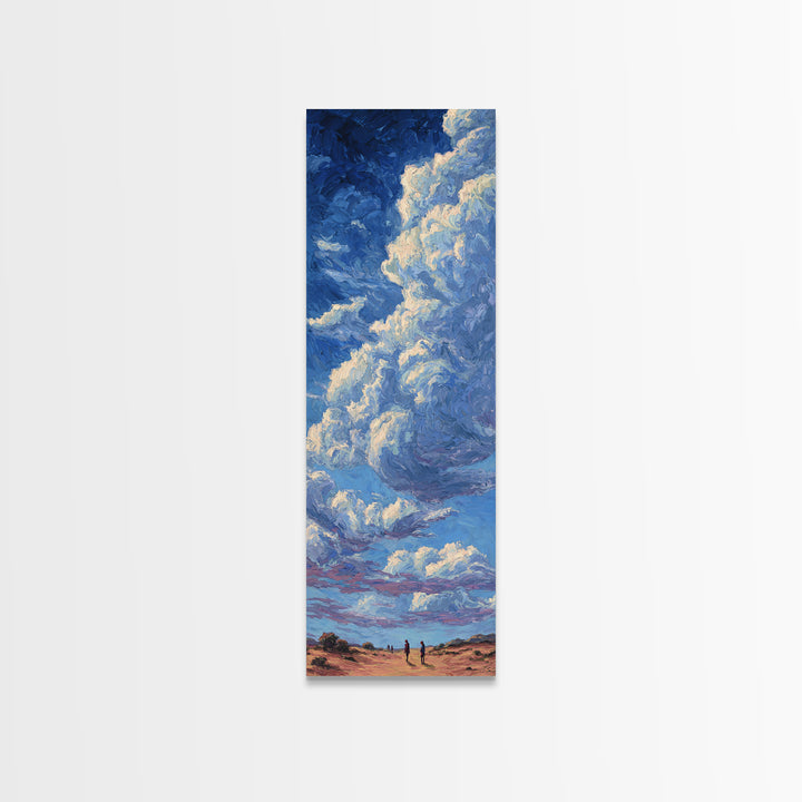 Desert Walkers Under Sculpted Blue Clouds Wall Art, African Landscape Canvas Print, Modern Safari Decor For Living Room Gift