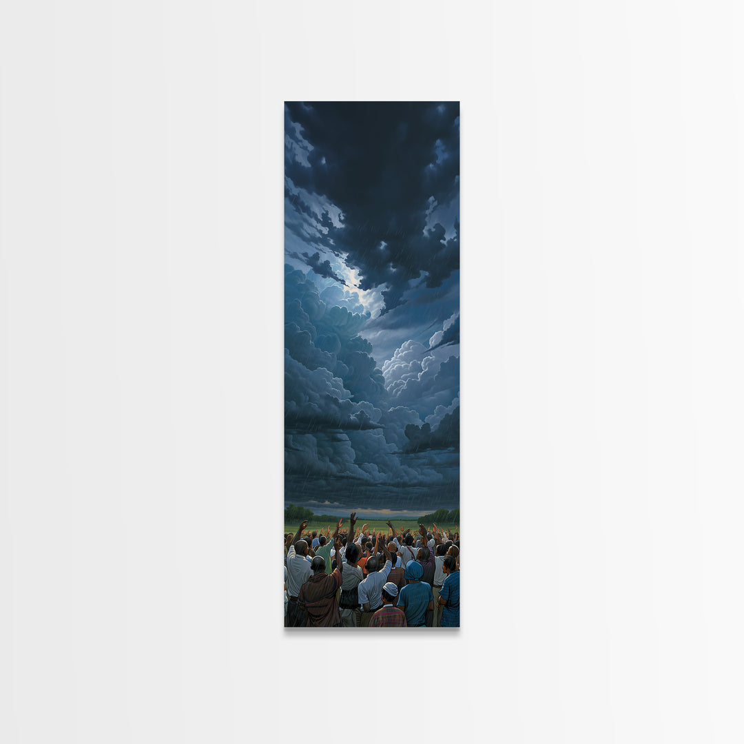 Dramatic Storm Clouds Over African Crowd Wall Art, Afrocentric Landscape Print, Black Culture Decor, Moody Sky Canvas Gift