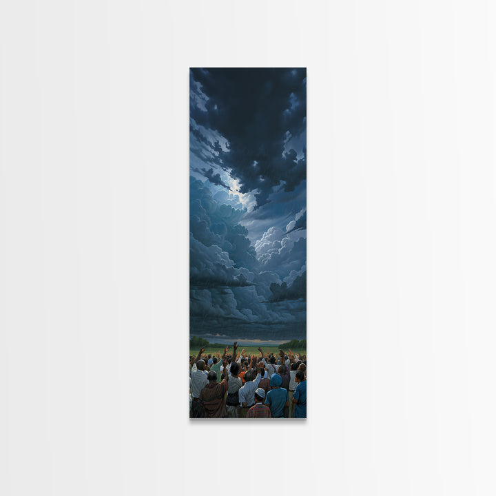 Dramatic Storm Clouds Over African Crowd Wall Art, Afrocentric Landscape Print, Black Culture Decor, Moody Sky Canvas Gift