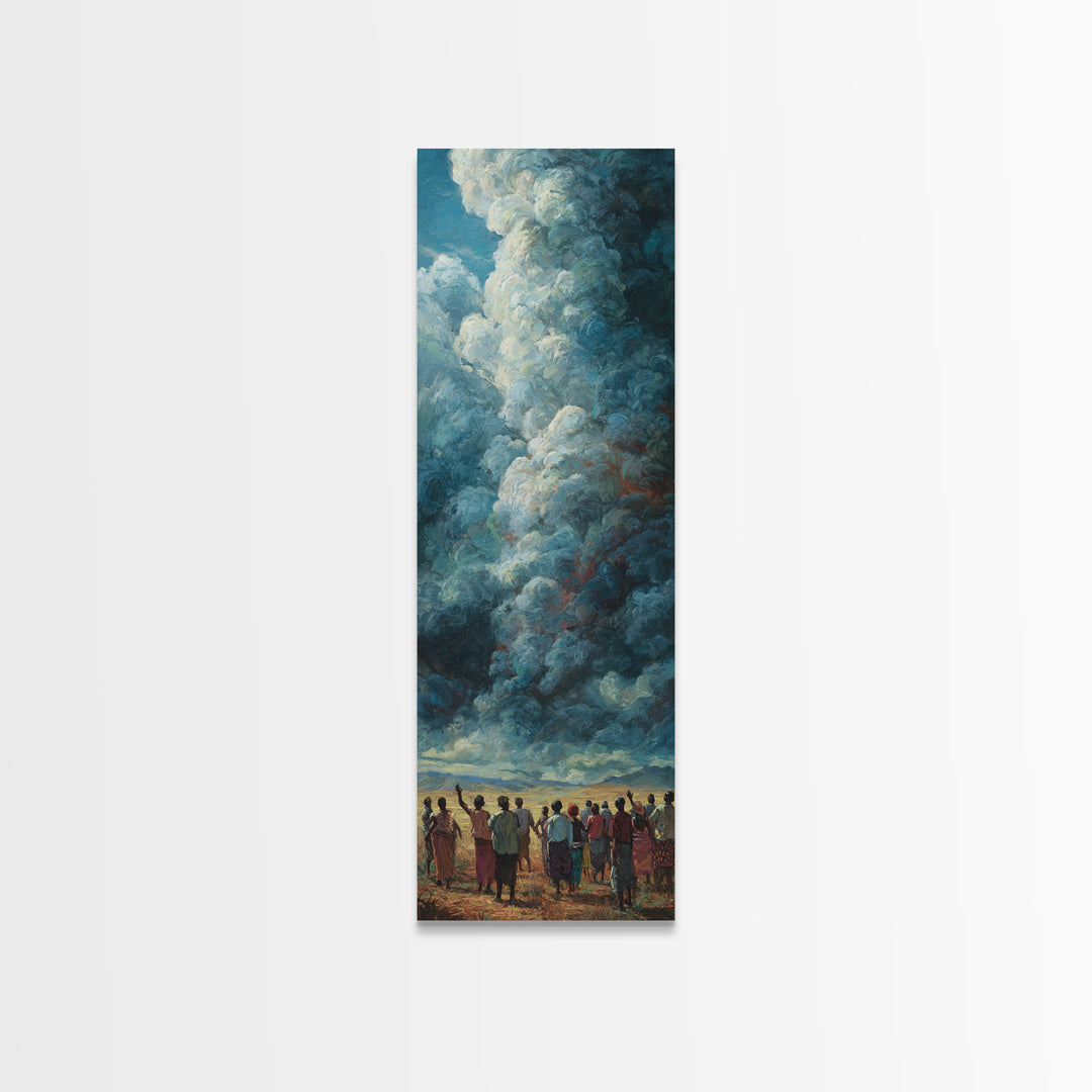 Towering Blue Clouds Above African Gathering Canvas Print, Afrocentric Wall Decor, Dramatic Sky Painting, Cultural Art Gift