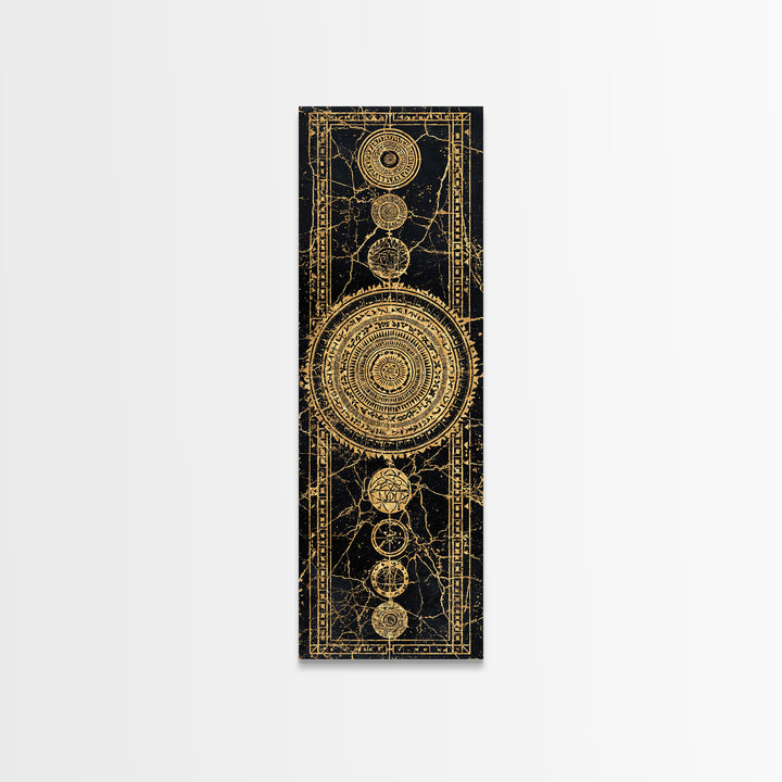 Gold Celestial Mandala Symbols On Black Canvas Print, African Abstract Wall Decor, Tribal Pattern Art, Luxe Mystic Home Gift