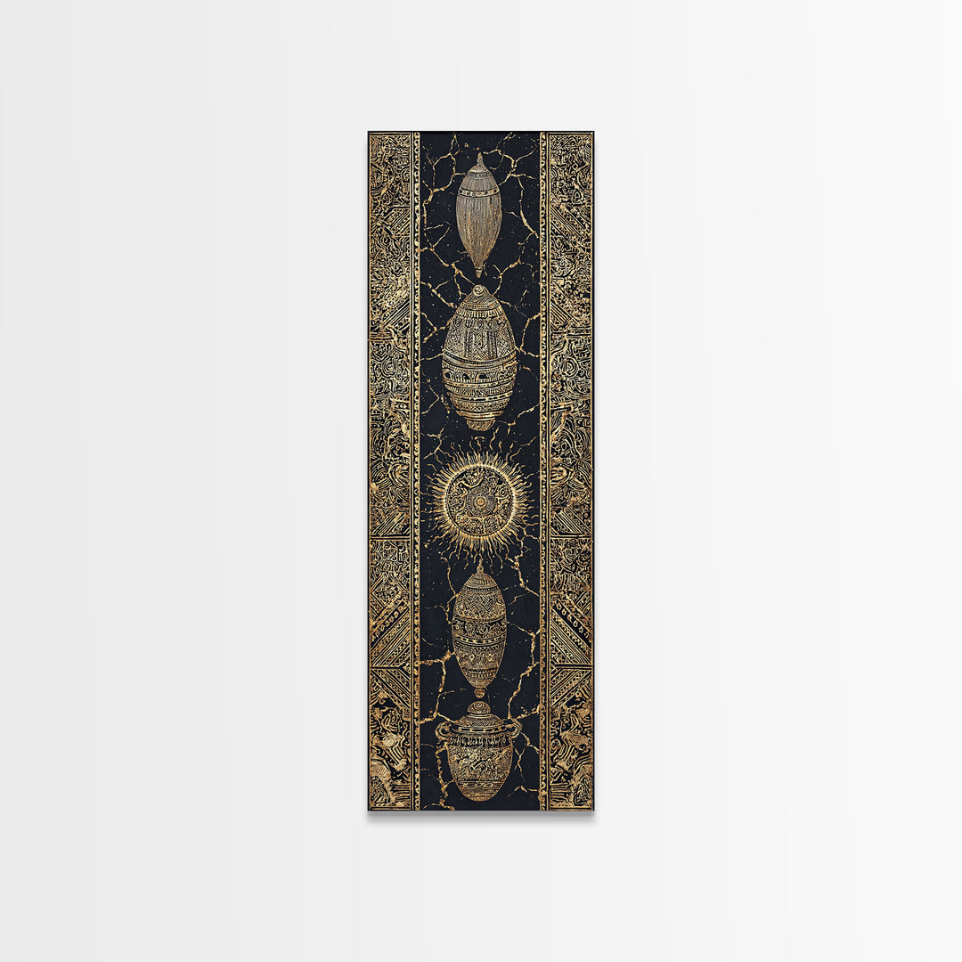 Gold Beetle Talisman And Sun Symbols Framed Canvas Print, African Tribal Decor, Mystic Black Wall Art, Luxe Gift For Unique Home Decor