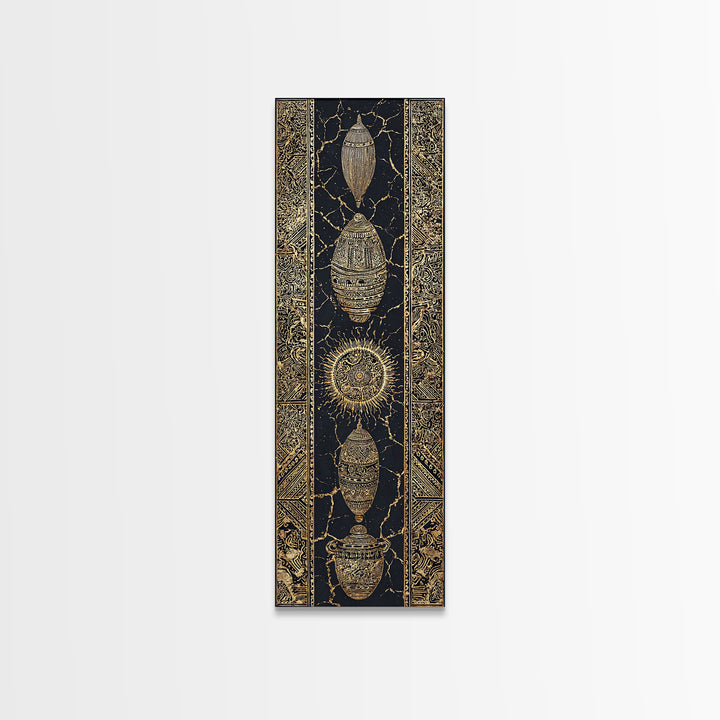Gold Beetle Talisman And Sun Symbols Framed Canvas Print, African Tribal Decor, Mystic Black Wall Art, Luxe Gift For Unique Home Decor