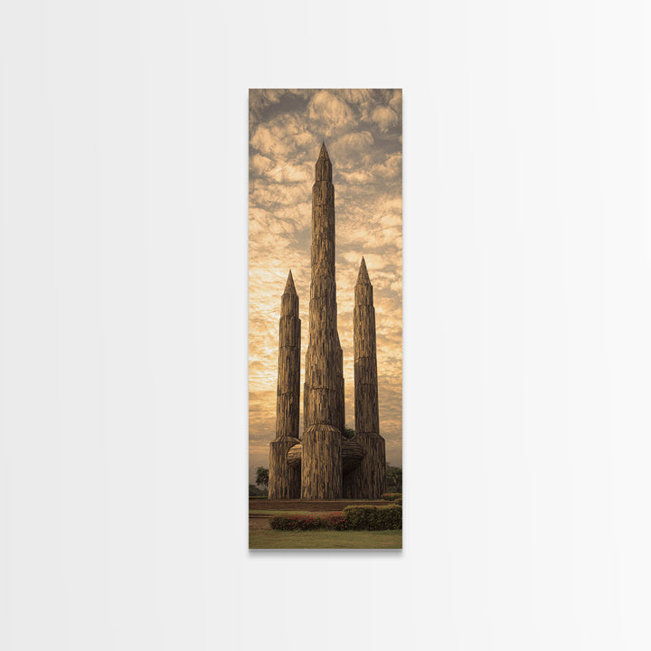Tall Carved Wooden African Towers At Sunset Canvas Print, Tribal Architecture Wall Decor, Earth Tone Statement Art Gift For Home