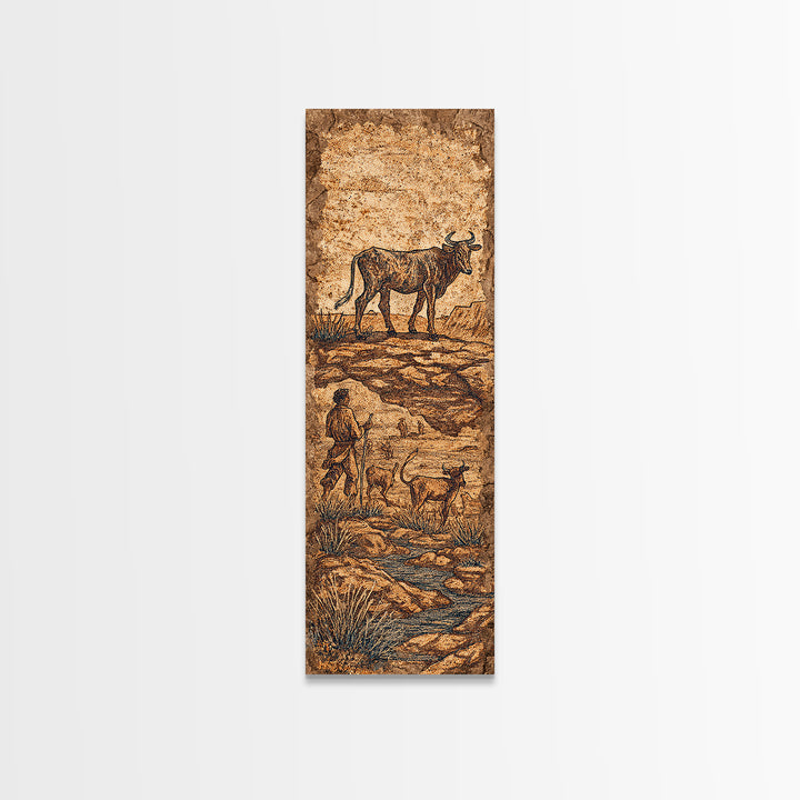 Ancient Cattle Herder Cave Painting Wall Art, African Safari Art Print, Rustic Tribal Landscape Decor For Home Office Decor