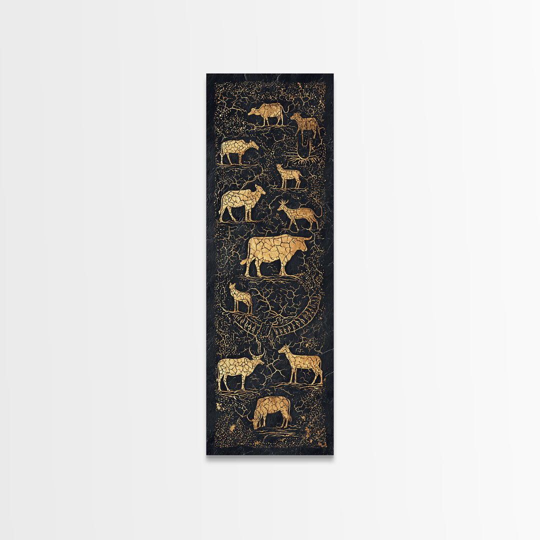 Gold Animal Silhouette African Safari Wall Art, Black Crackle Wildlife Canvas Decor, Tribal Art Print For Living Room Home Decor