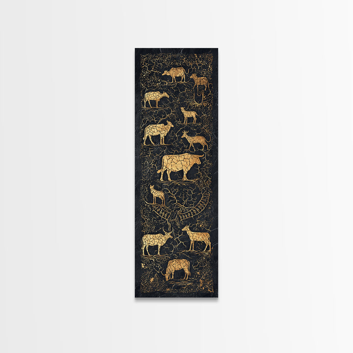 Gold Animal Silhouette African Safari Wall Art, Black Crackle Wildlife Canvas Decor, Tribal Art Print For Living Room Home Decor