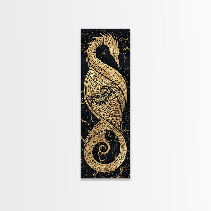 Gold Crane Heron Line Art Canvas Print, Black And Gold African Inspired Bird, Elegant Tribal Luxury Geometric Wall Decor Gift