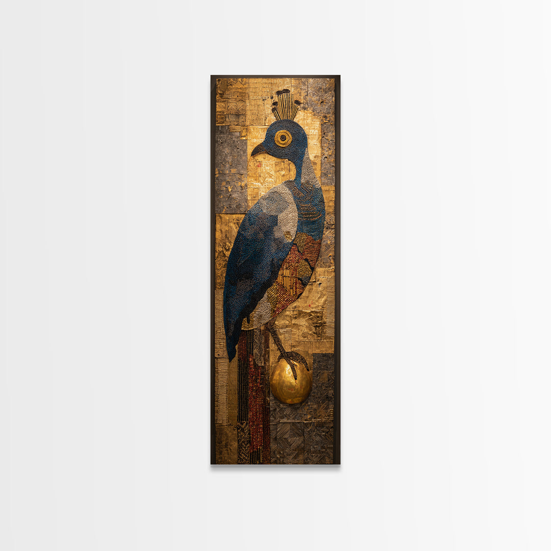 Blue Gold Peacock Portrait Canvas Print, African Inspired Bird Art, Textured Mixed Media, Luxury Elegant Home Wall Decor Gift