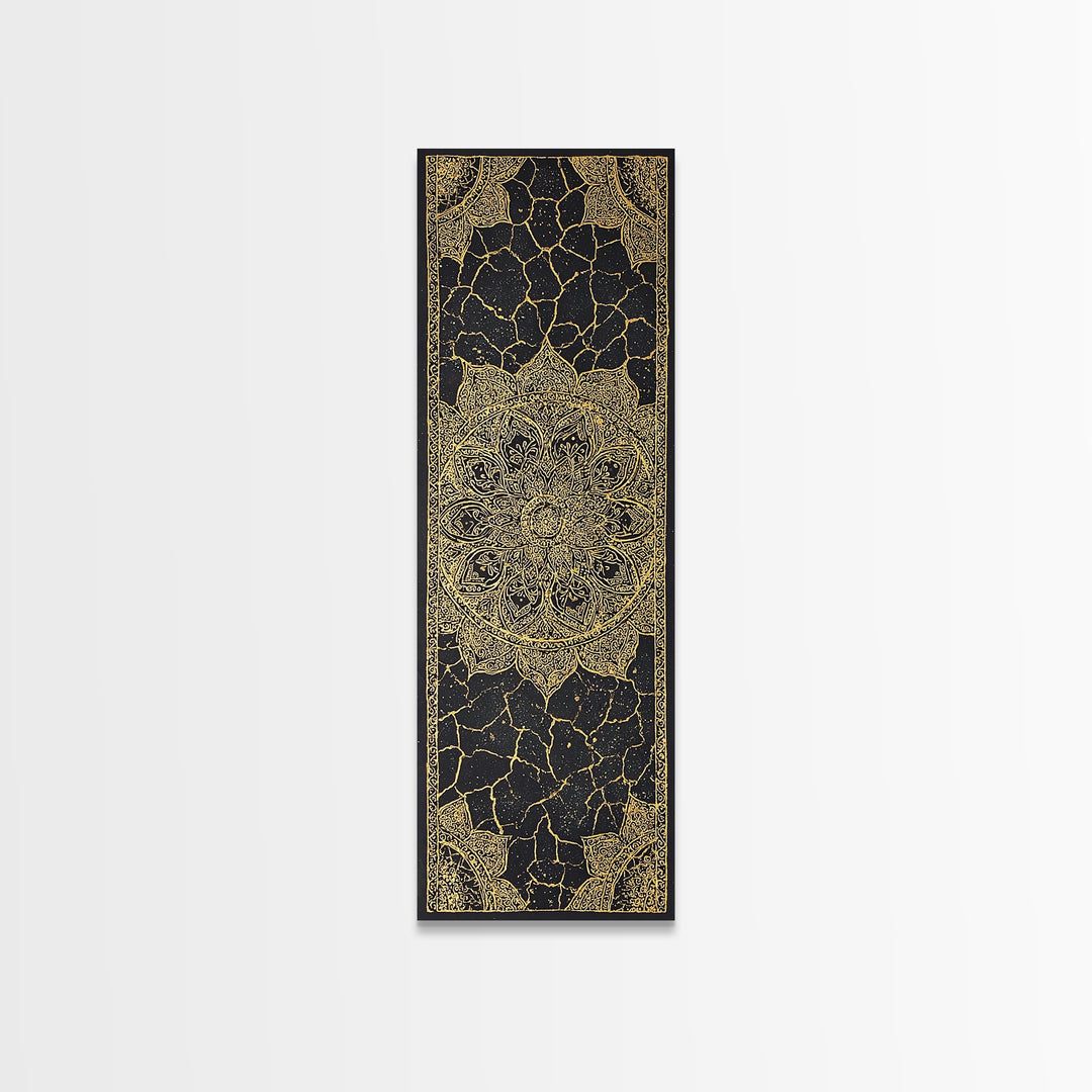 Black Gold Mandala Pattern Wall Art, African Inspired Geometric Textile Design, Elegant Boho Luxury Home Decor Statement Gift